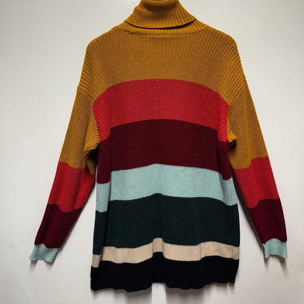 FARM Rio Striped Sweater Dress Chunky Ribbed Turtleneck L Cozy Fall Eclectic - Picture 6 of 13